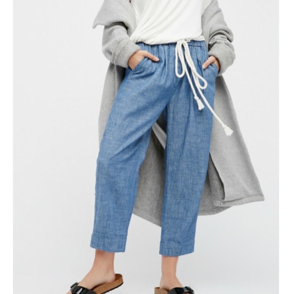 Free People Blue Chambray Ankle Crop Pants Linen Blend - Picture 1 of 12